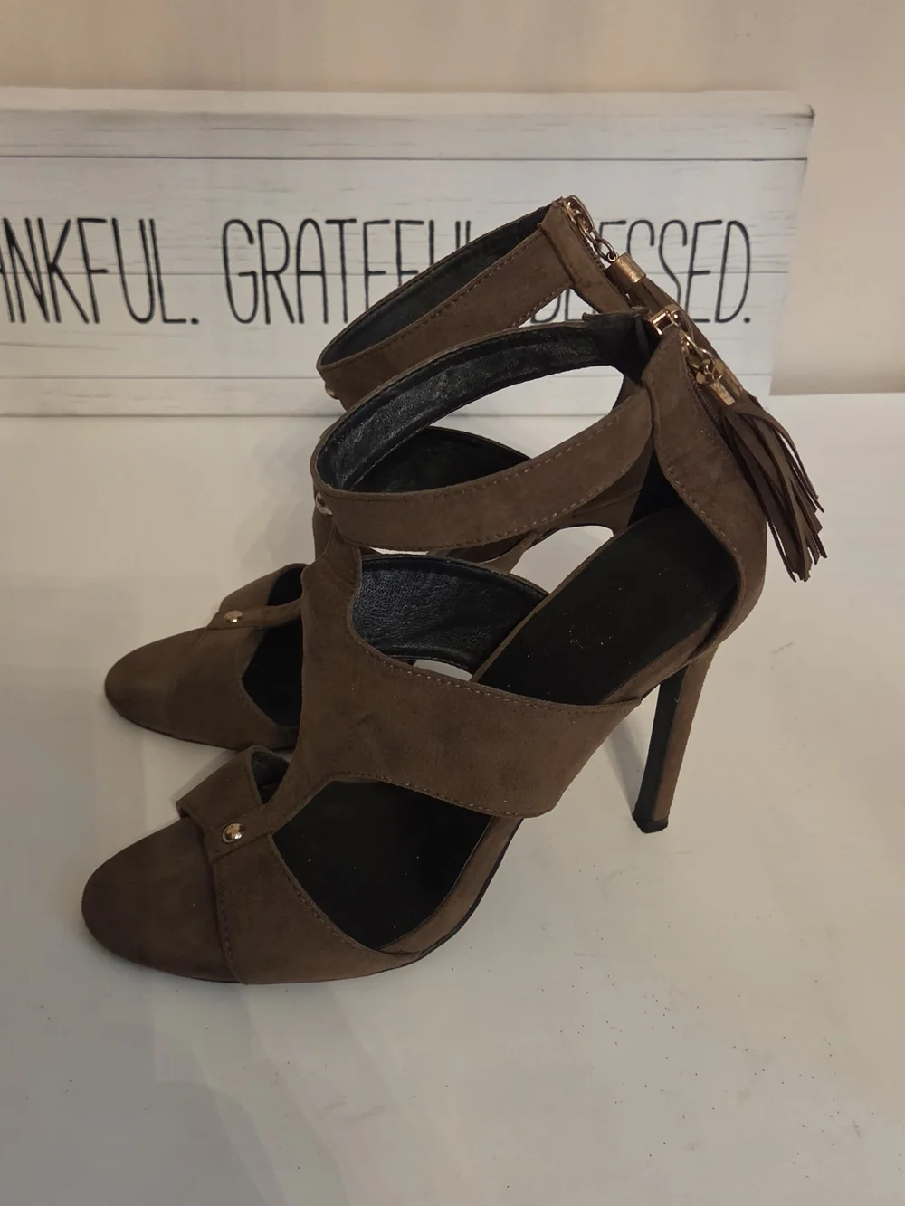 Charlotte Russe Brown Suede Open-Toe Ankle Strap Heels